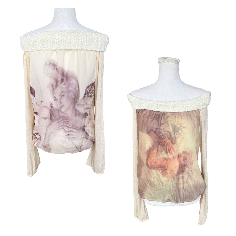 Cultura Italy Renaissance Graphic Mesh Off Shoulder Top Cream Long Sleeve L